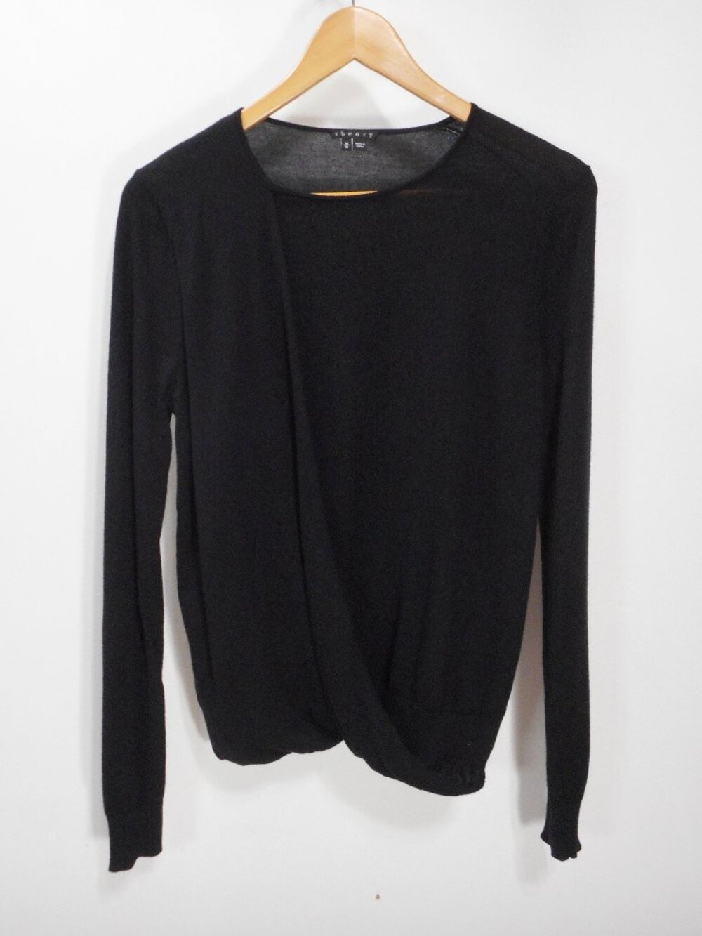 Theory Women's M Black Faux Wrap Front Sweater Wool & Silk Blend Lightweight